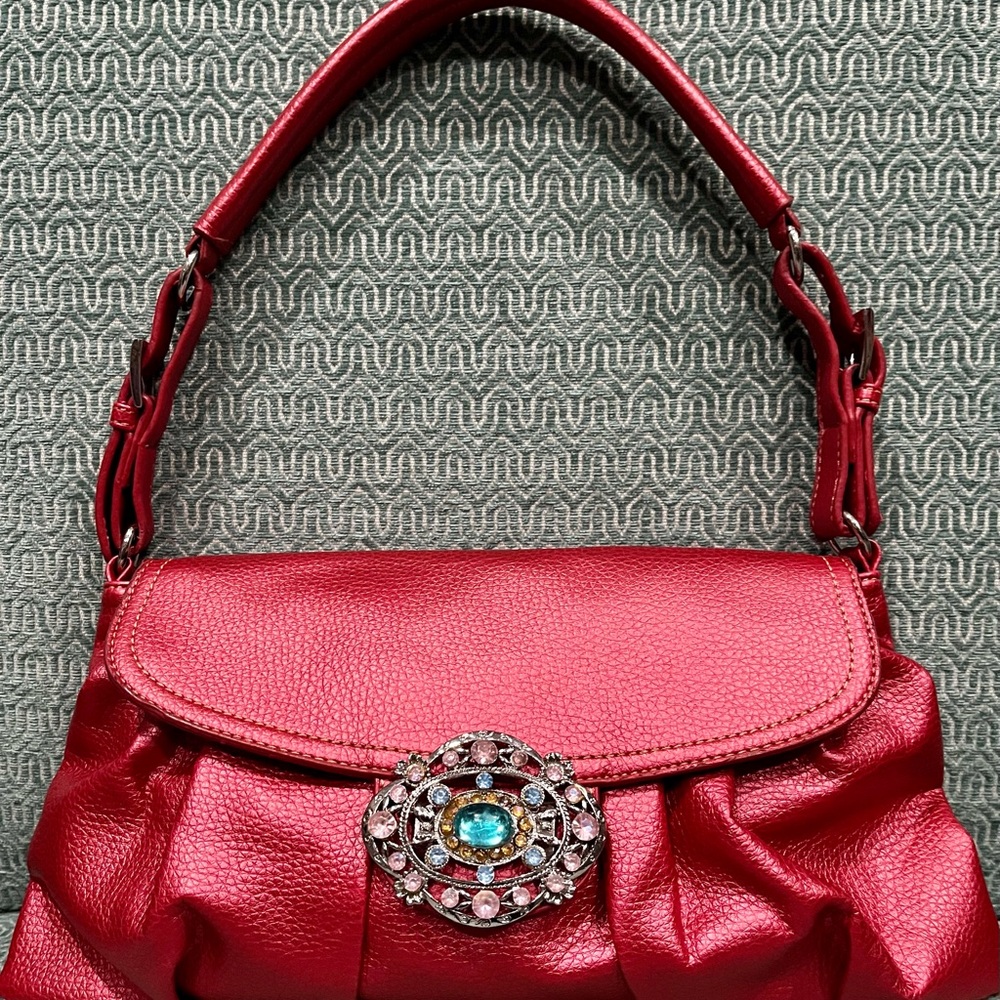 Red Women's Shoulder Bag with Decorative Gem Accent
